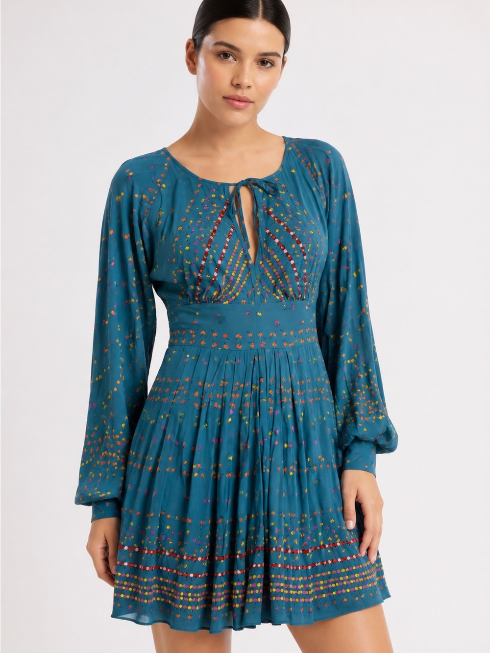 Free People Teal Floral Tie-Front Long Sleeve Dress
